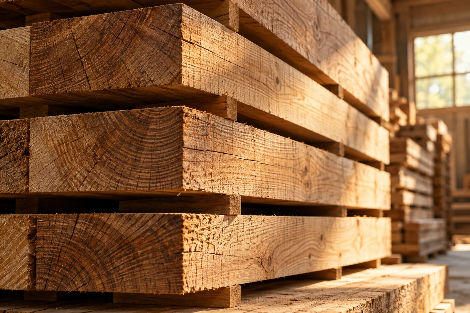 AI illustration of warm natural sawn timber stacks